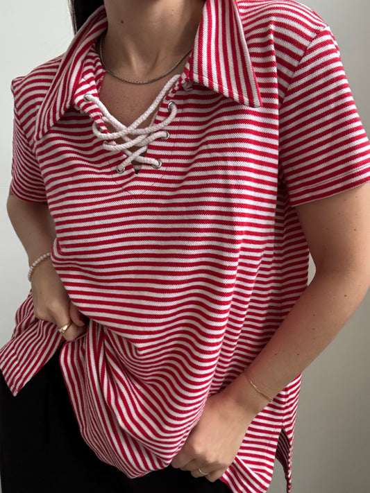 Vintage Cotton Red Striped Polo Size Medium