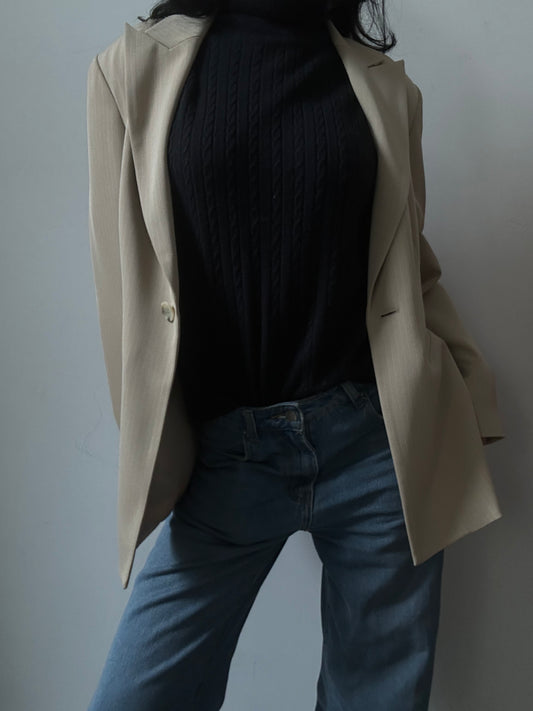 Vintage Beige Pinstriped Fitted Blazer Size Small