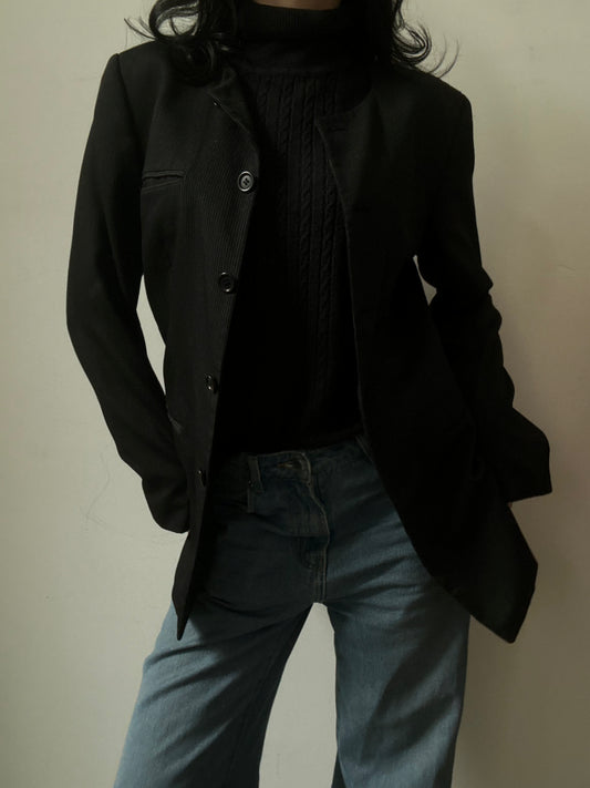 Vintage Striped Collarless Black Wool Blazer Size Small