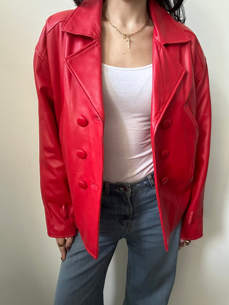 Vintage Red Leather Double-Breasted Jacket Size Medium