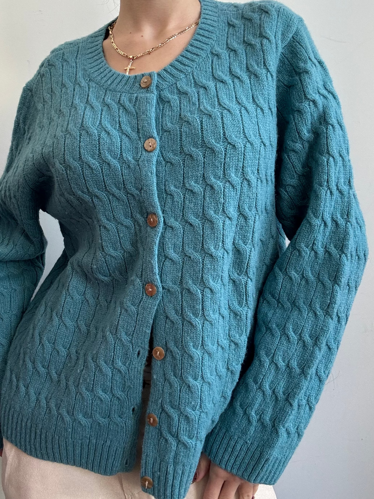 Vintage Teal Cable Knit Wool Cardigan Size XL