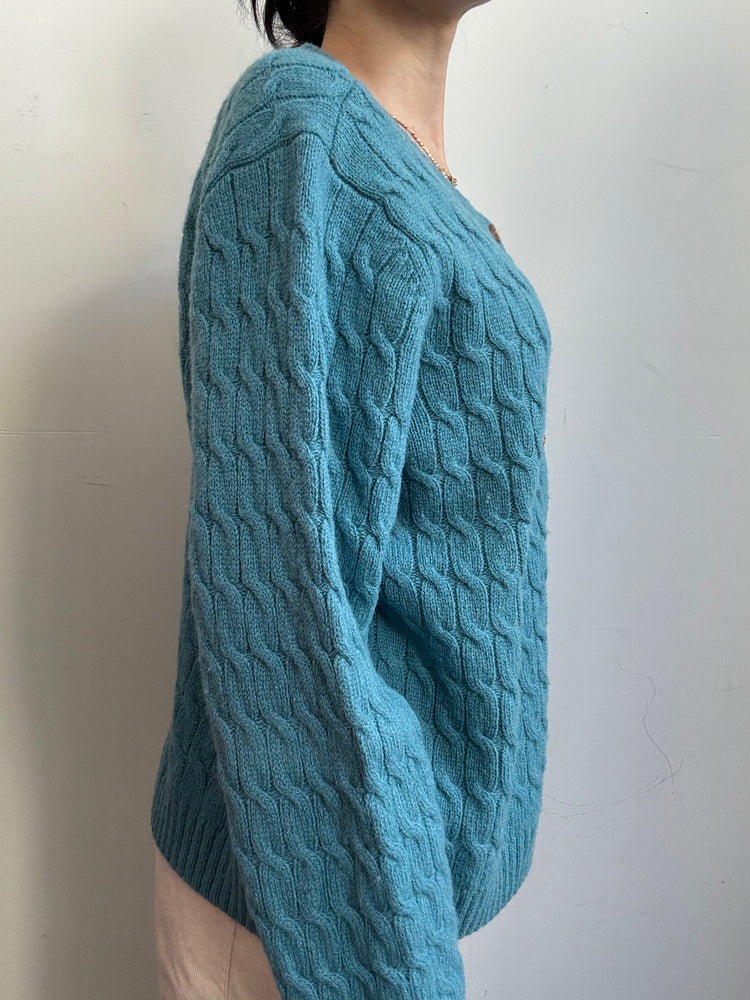 Vintage Teal Cable Knit Wool Cardigan Size XL