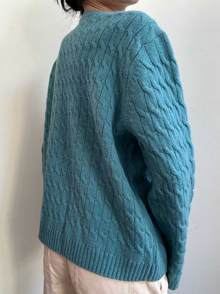 Vintage Teal Cable Knit Wool Cardigan Size XL