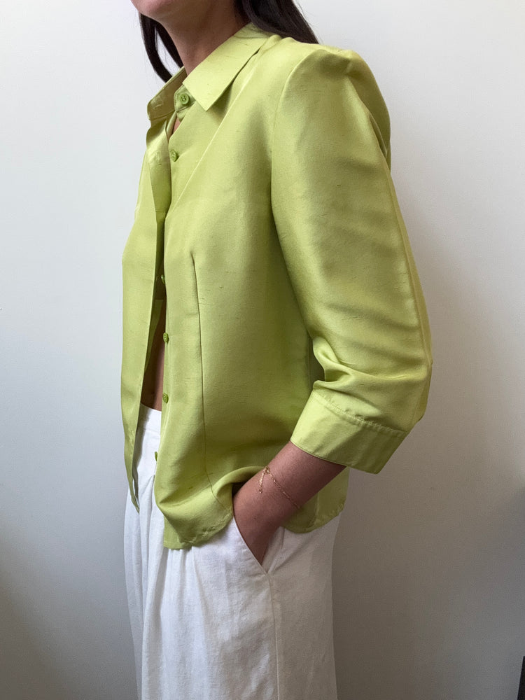 Vintage Silk Green 3/4 Sleeve Button-Up Size Medium