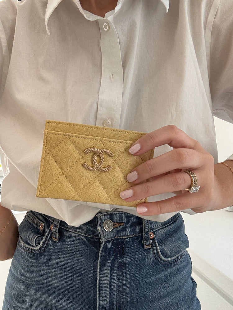 Pre-Loved 2021 Chanel Yellow Quilted Caviar Card Holder