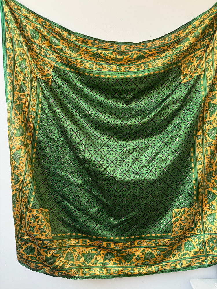 Vintage Silk Green + Gold Floral Block Print Scarf