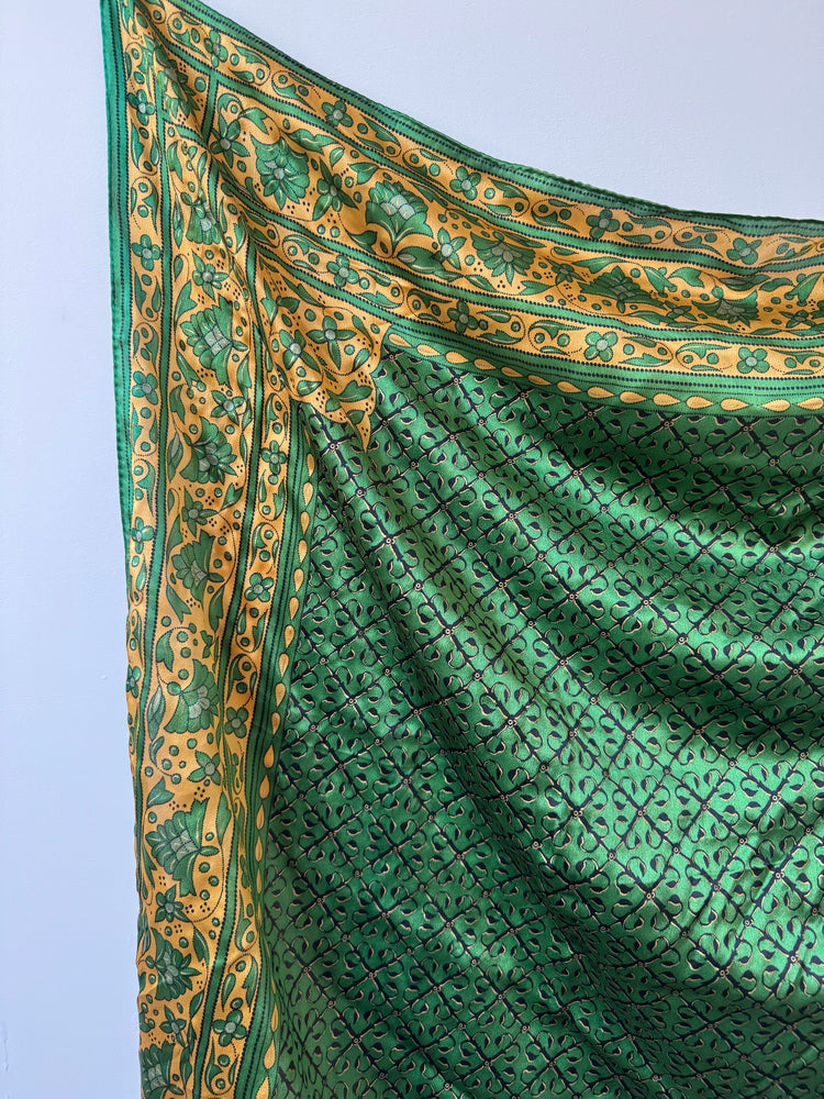 Vintage Silk Green + Gold Floral Block Print Scarf