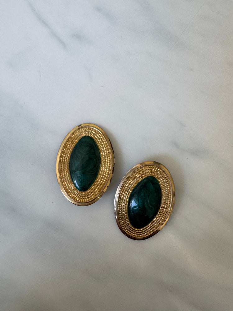 Vintage Gold-Toned + Deep Green Faux Crystal Earrings