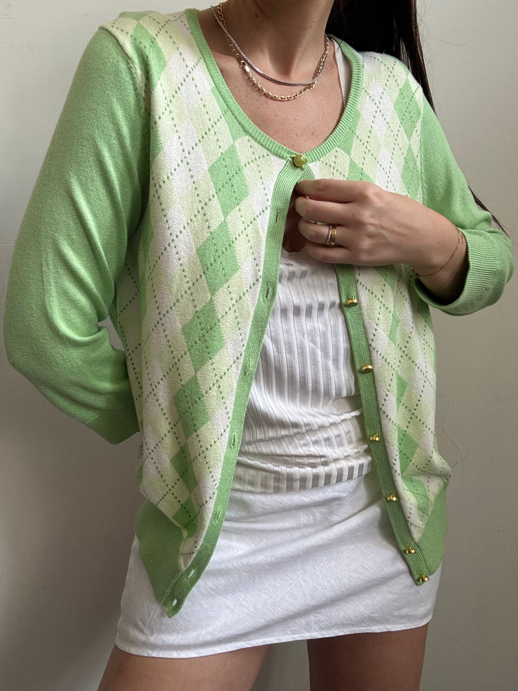 Vintage Lime Green + White Argyle Sweater Size Large