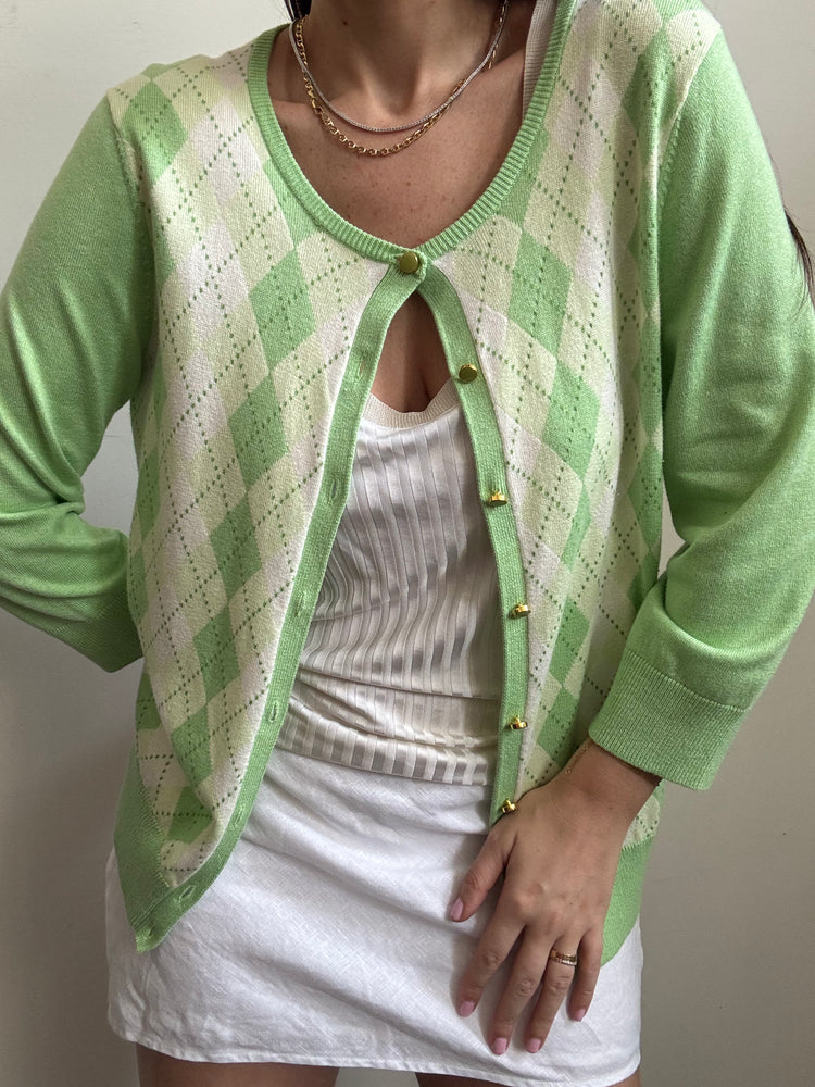 Vintage Lime Green + White Argyle Sweater Size Large
