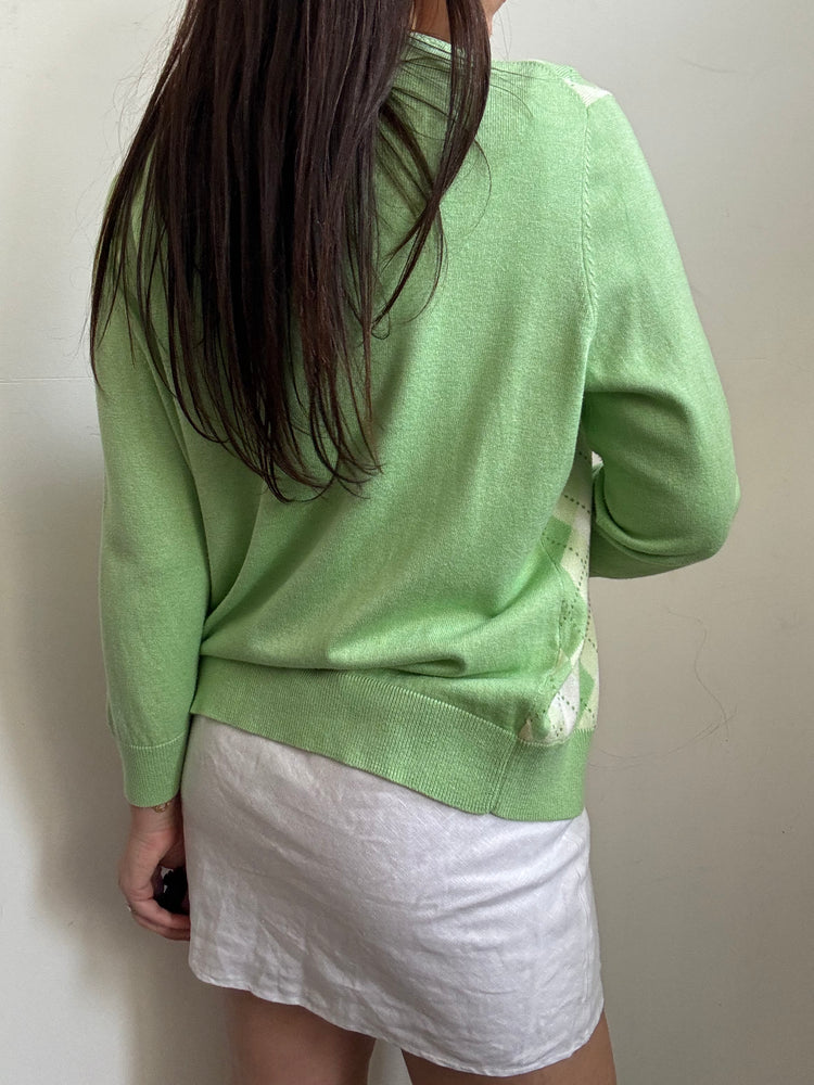 Vintage Lime Green + White Argyle Sweater Size Large
