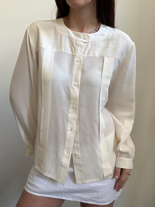 Vintage Ivory Silk Paneled Button Up Blouse Size Large