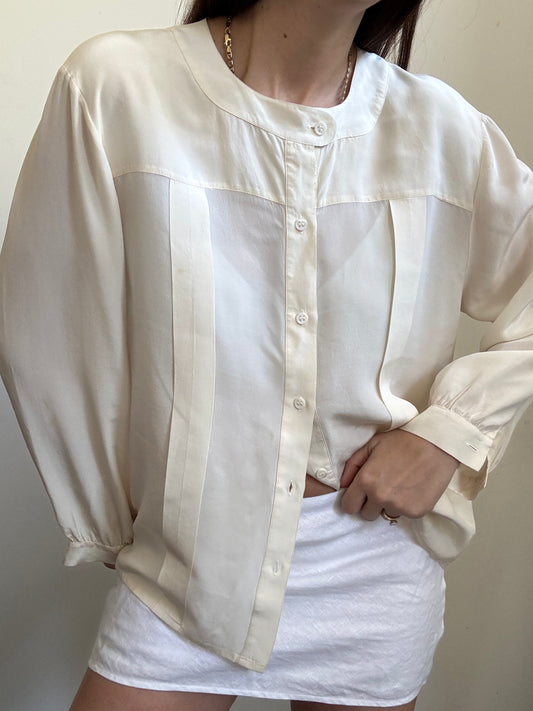 Vintage Ivory Silk Paneled Button Up Blouse Size Large