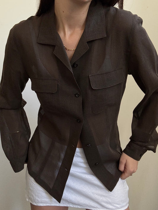 Vintage Italian Brown Sheer Blouse Size Large