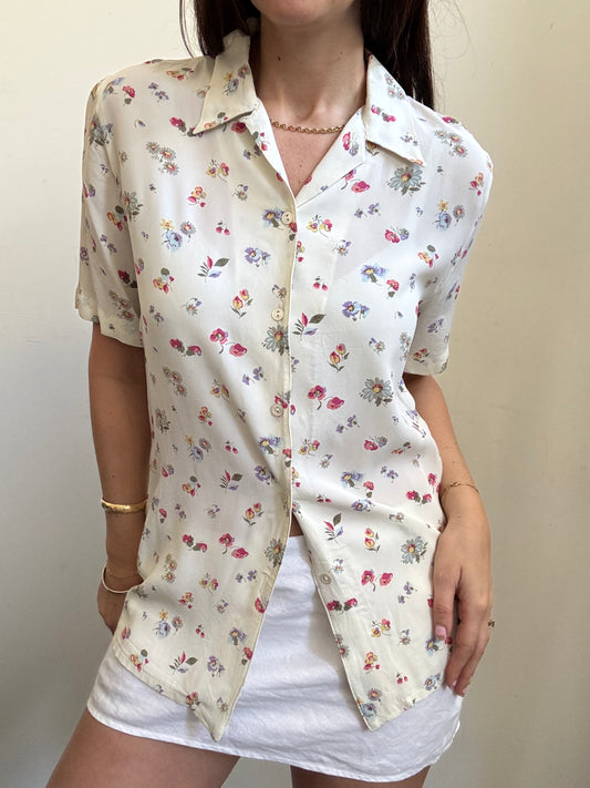 Vintage Italian Ivory Floral Short Sleeve Blouse Size Medium