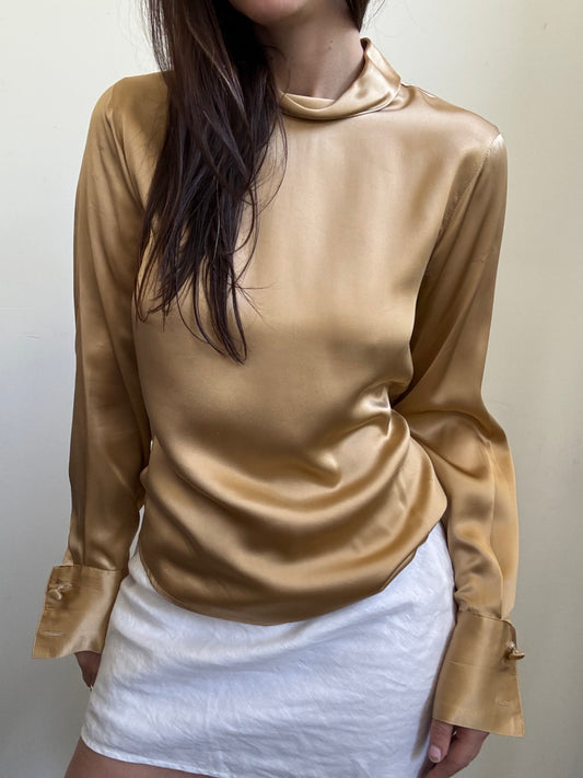 Vintage Gold Pure Silk Mockneck Blouse Size Small