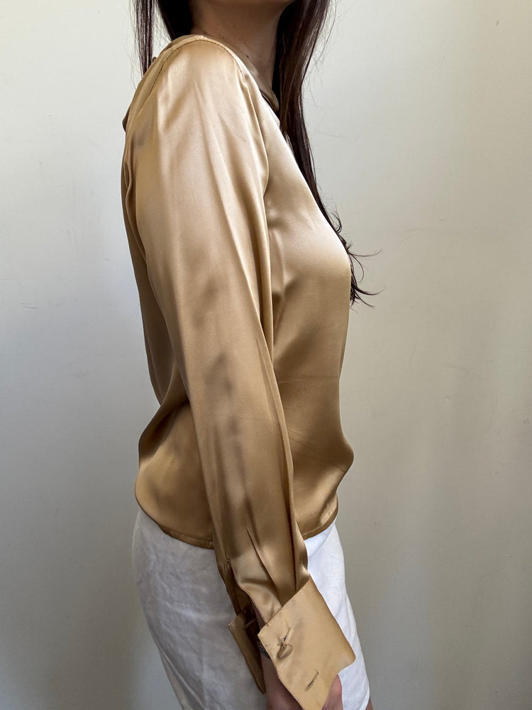 Vintage Gold Pure Silk Mockneck Blouse Size Small