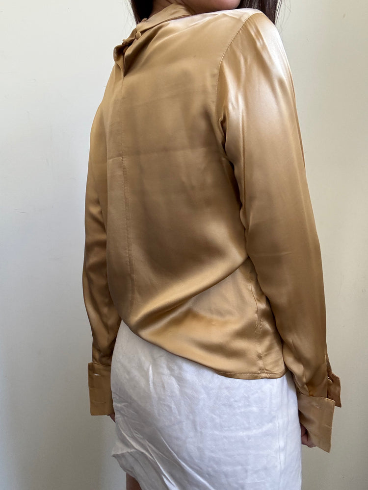 Vintage Gold Pure Silk Mockneck Blouse Size Small