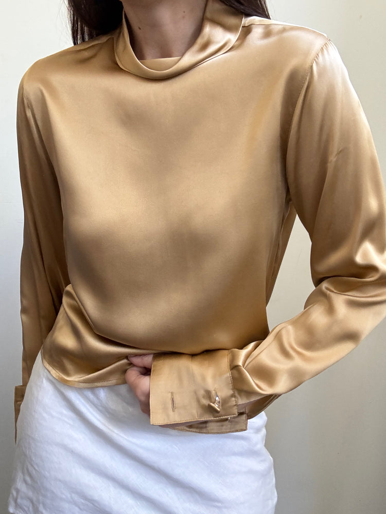 Vintage Gold Pure Silk Mockneck Blouse Size Small
