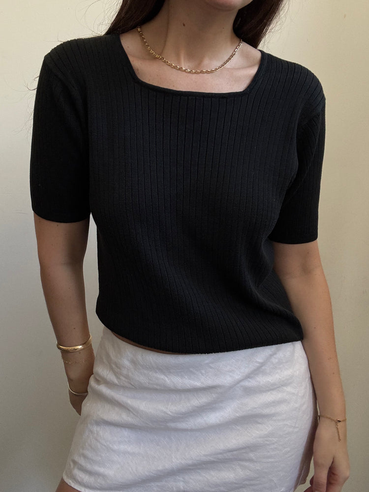 Vintage Black Silk Blend Square Neck Ribbed Top Size Medium