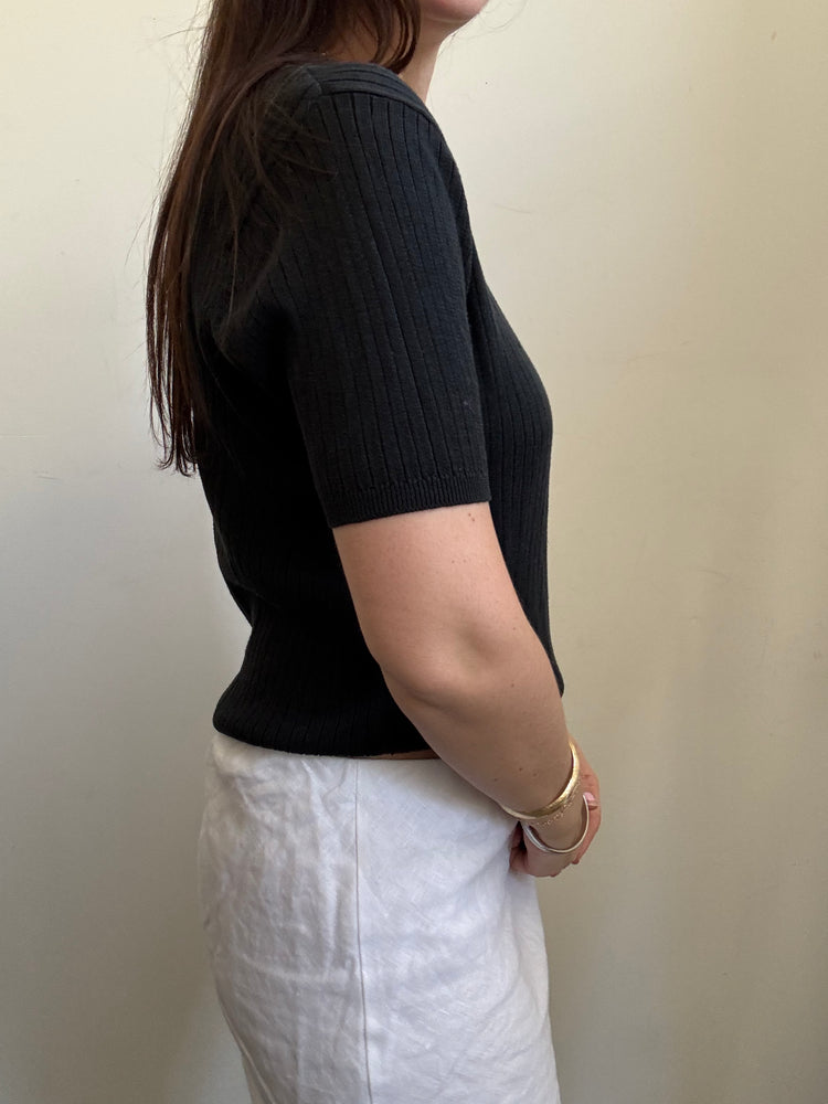 Vintage Black Silk Blend Square Neck Ribbed Top Size Medium