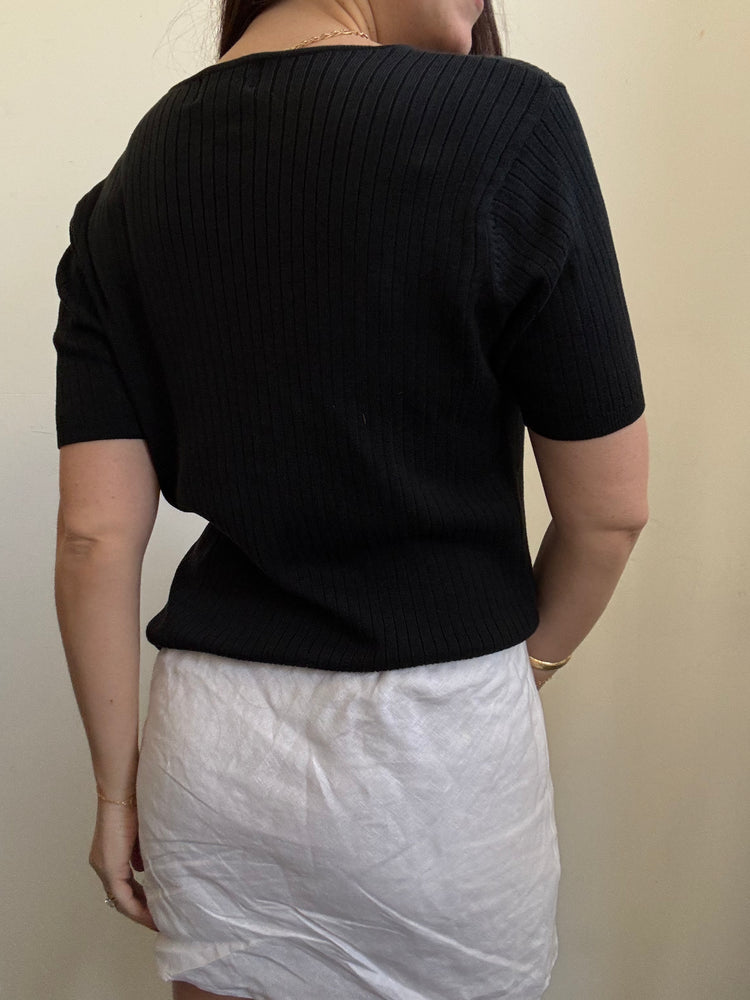 Vintage Black Silk Blend Square Neck Ribbed Top Size Medium