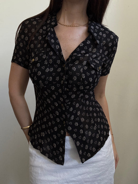 Vintage Moschino Black Sheer Fitted Button Up Size Small