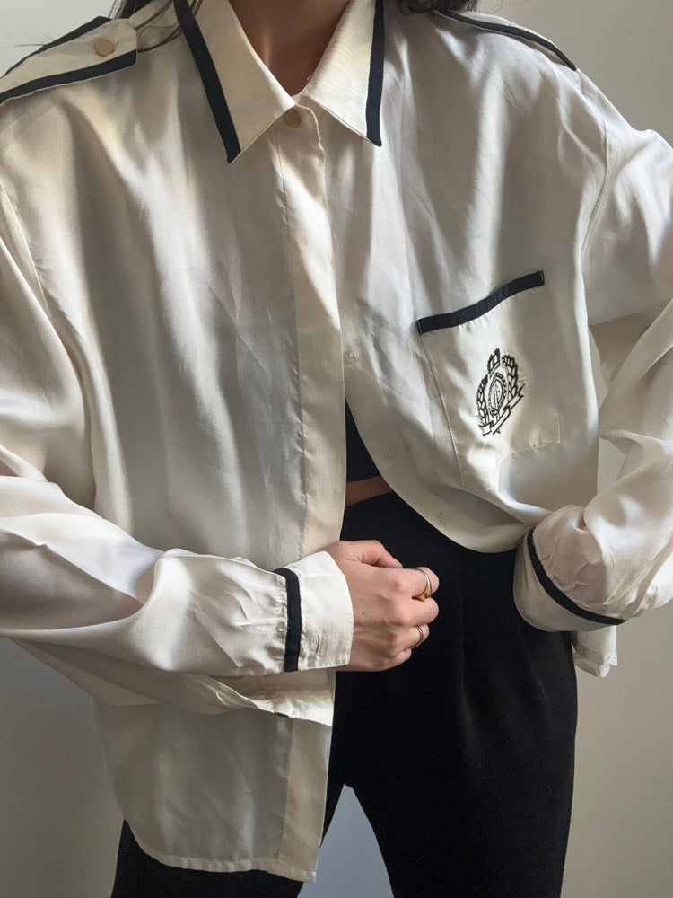 Vintage Silky Contrast Black + White Button Top Size M