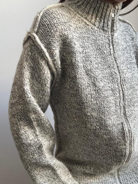 Vintage Black + Ivory Mixed Knit Zip-Up Sweater Size Medium