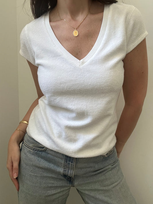 Vintage White Terry Cloth V-neck Tee Size Small