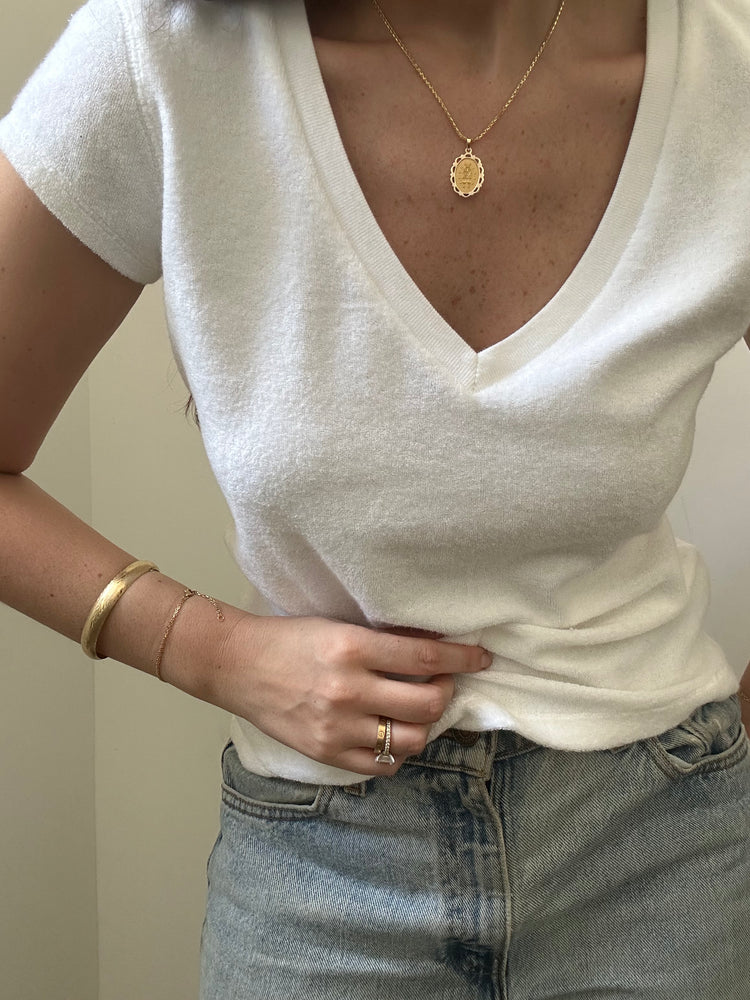 Vintage White Terry Cloth V-neck Tee Size Small