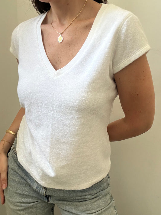 Vintage White Terry Cloth V-neck Tee Size Small