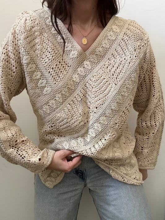 Vintage Beige Cotton Crocheted V-Neck Cover Up Size Large