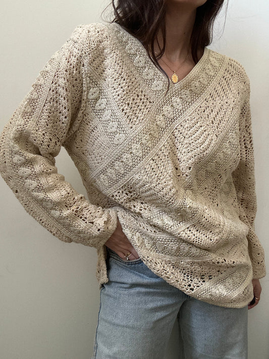 Vintage Beige Cotton Crocheted V-Neck Cover Up Size Large