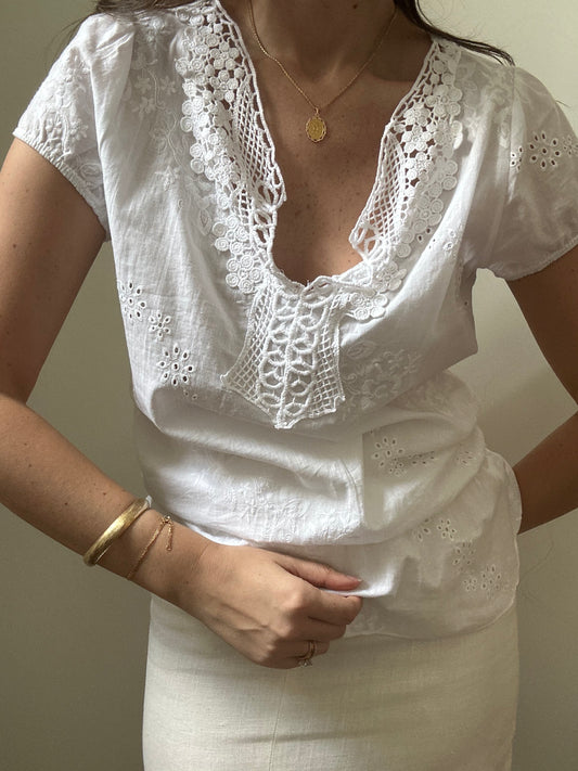 Vintage White Cotton Eyelet Blouse Size Medium
