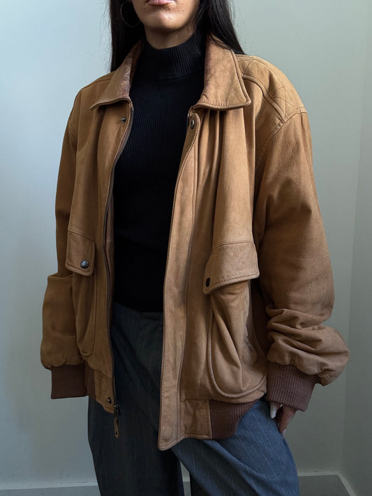 Vintage Light Brown Leather Bomber Jacket Size M/L