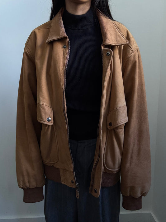 Vintage Light Brown Leather Bomber Jacket Size M/L