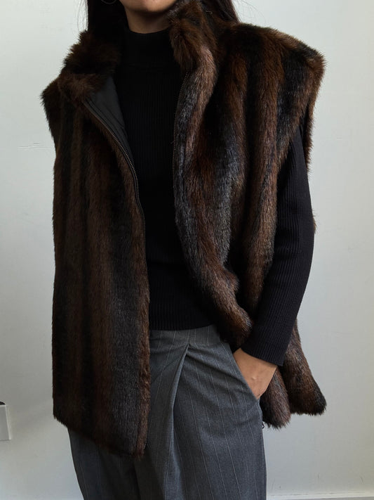 Vintage Faux Fur Vest in Brown + Black Stripe Size M