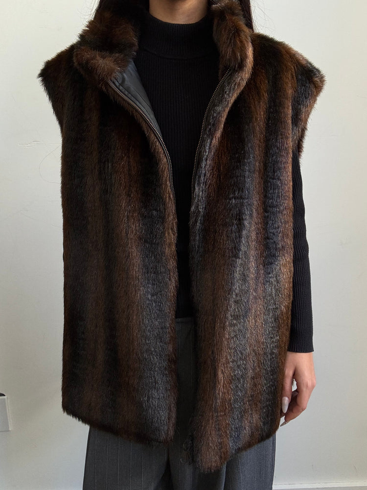 Vintage Faux Fur Vest in Brown + Black Stripe Size M