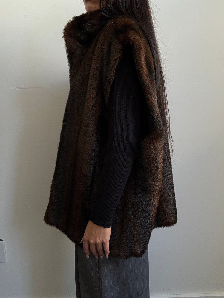 Vintage Faux Fur Vest in Brown + Black Stripe Size M