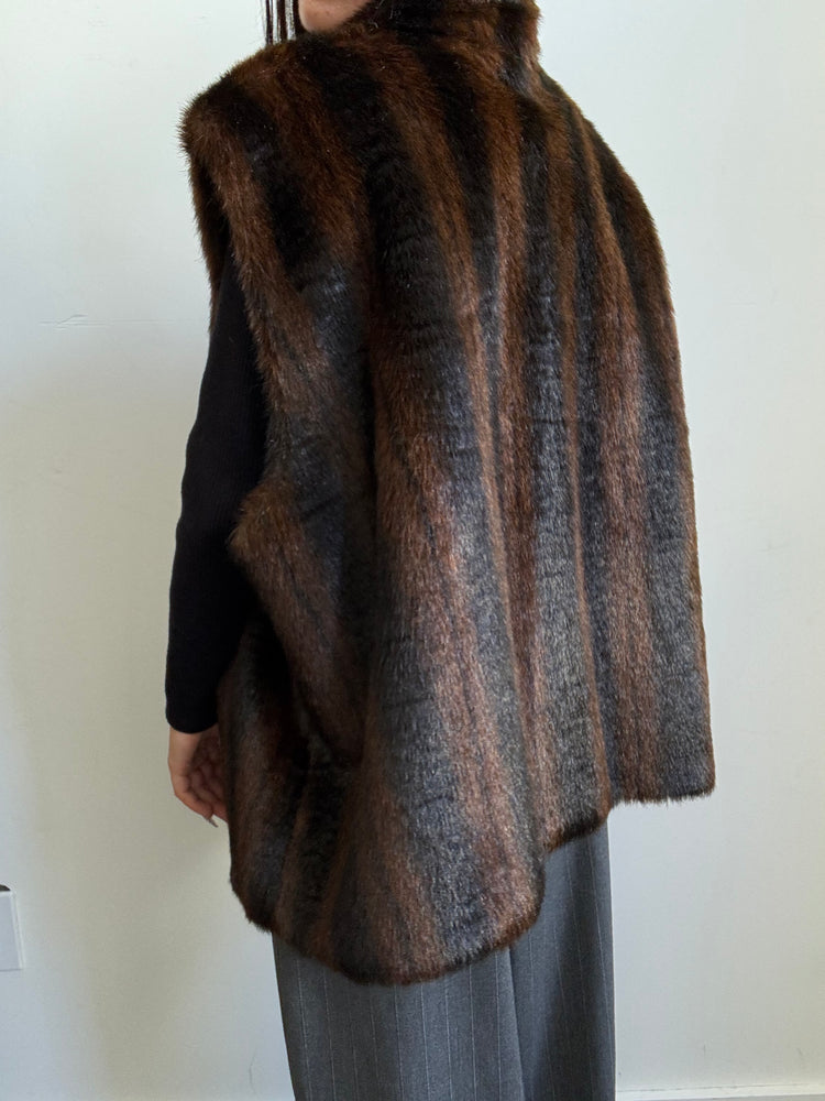 Vintage Faux Fur Vest in Brown + Black Stripe Size M