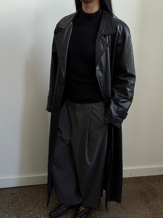 Vintage Black Leather Trench Size Medium Large
