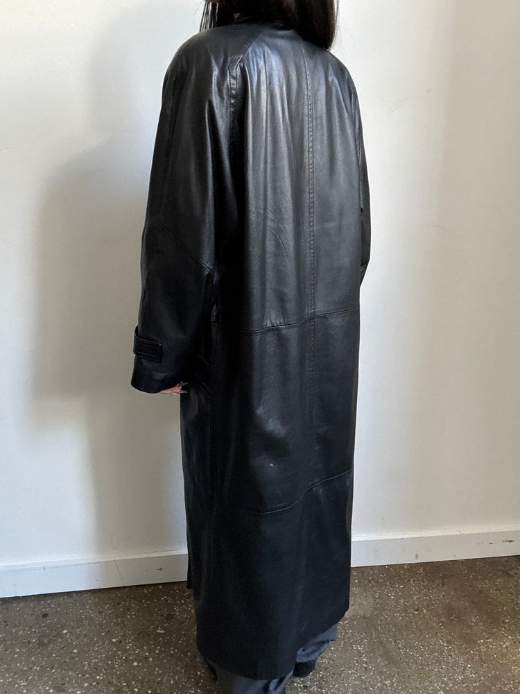 Vintage Black Leather Trench Size Medium Large