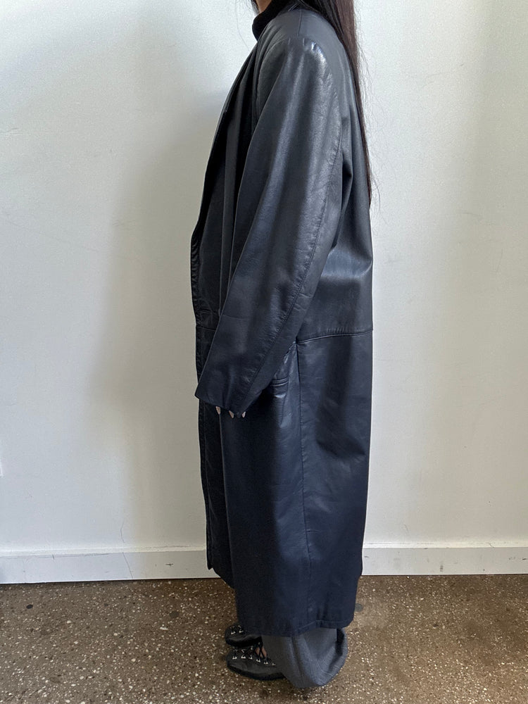 Vintage Navy Blue Leather Trench Size L