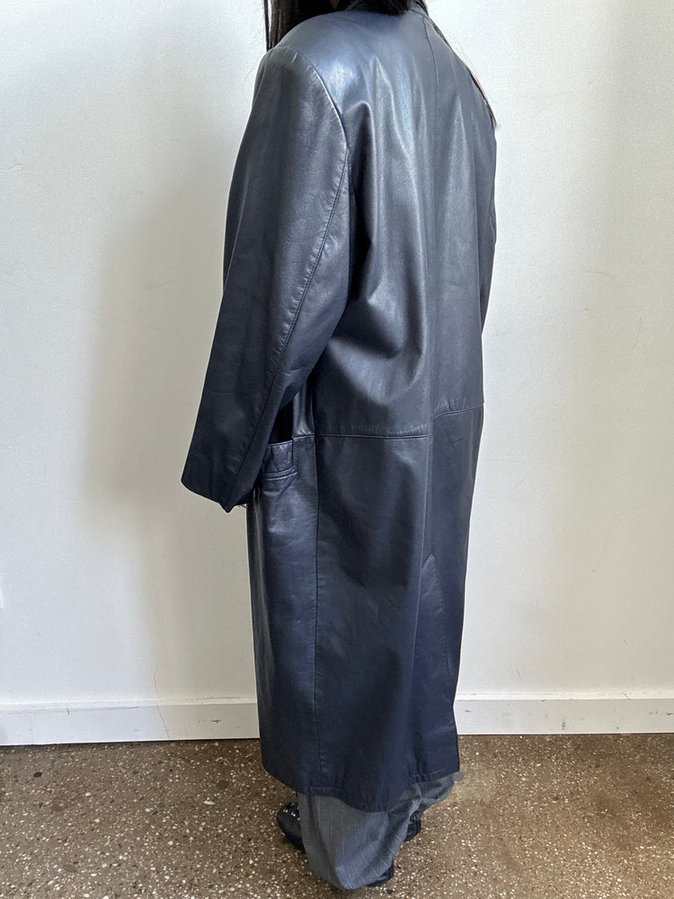 Vintage Navy Blue Leather Trench Size L