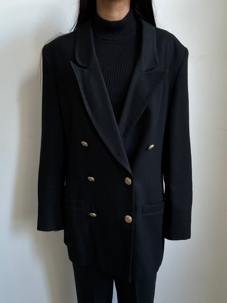 Vintage Black Blazer + Gold Buttons with Crest in Size M