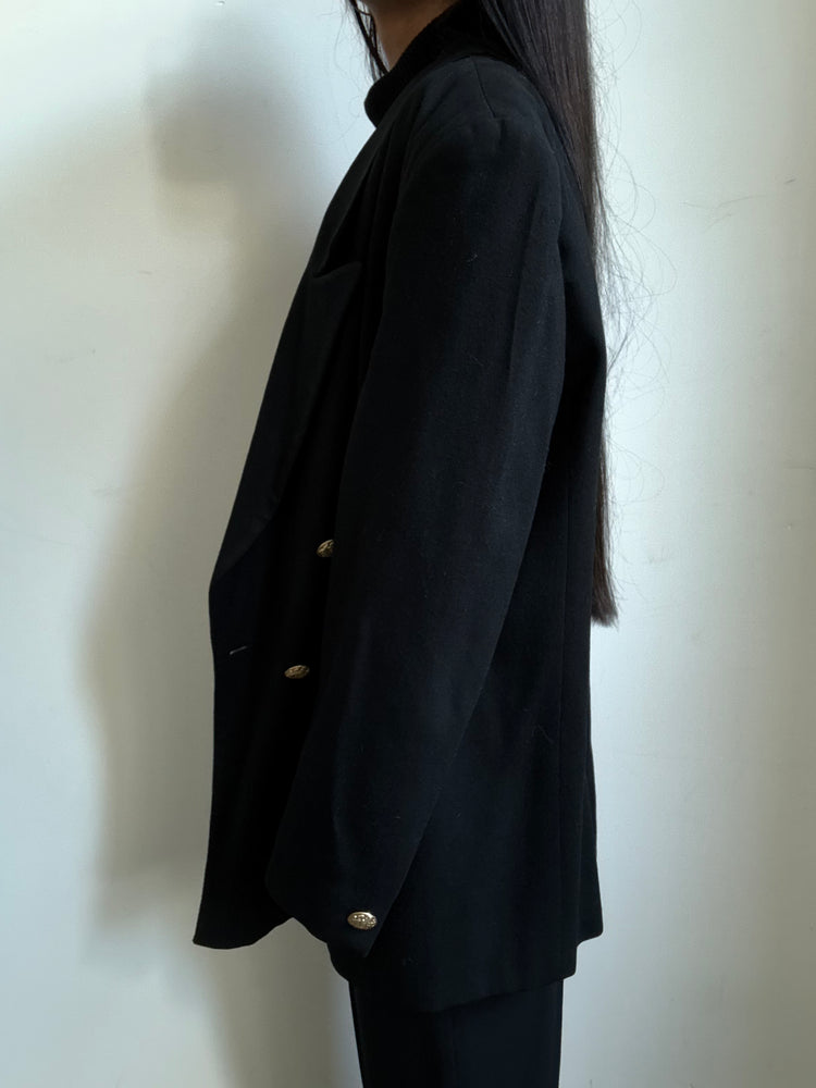 Vintage Black Blazer + Gold Buttons with Crest in Size M