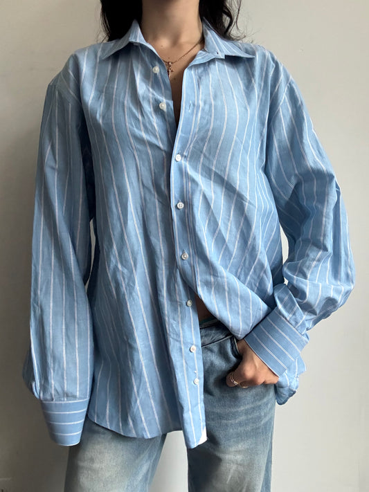 Vintage Blue + White Striped Long-Sleeve Button-Up Size XL