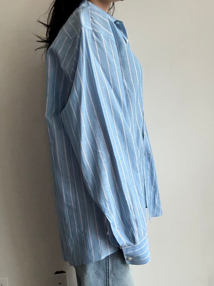 Vintage Blue + White Striped Long-Sleeve Button-Up Size XL