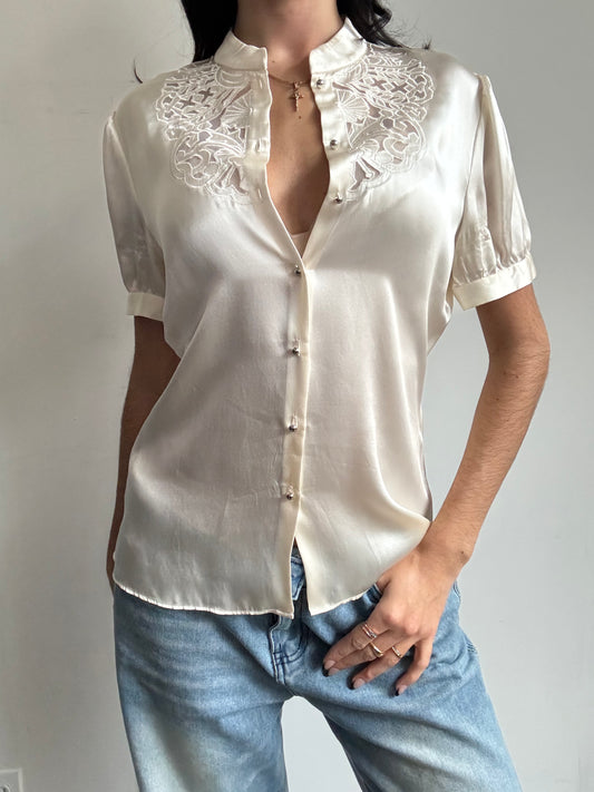 Vintage Silk Ivory Embroidered Blouse Size Small